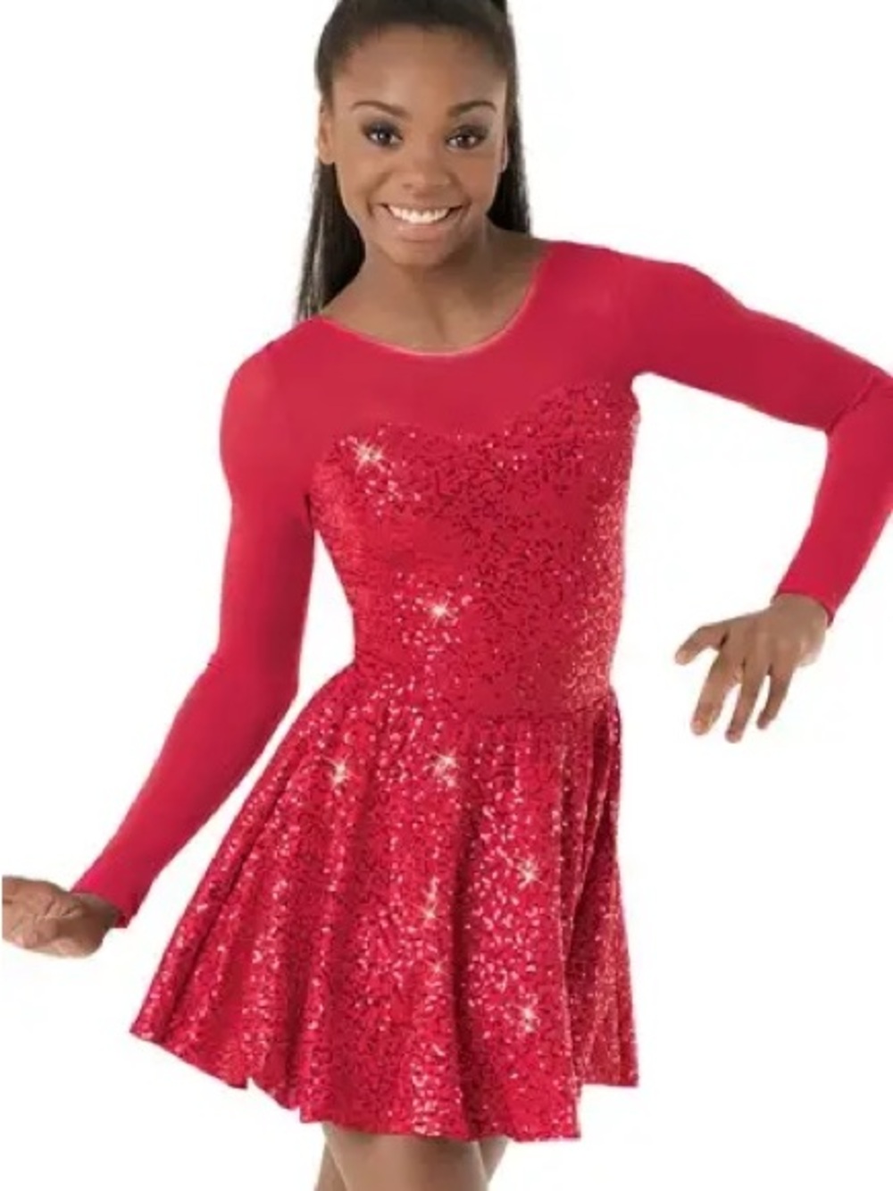 Balera Red Sequin, Sheer Long Sleeve Dance Dress MA